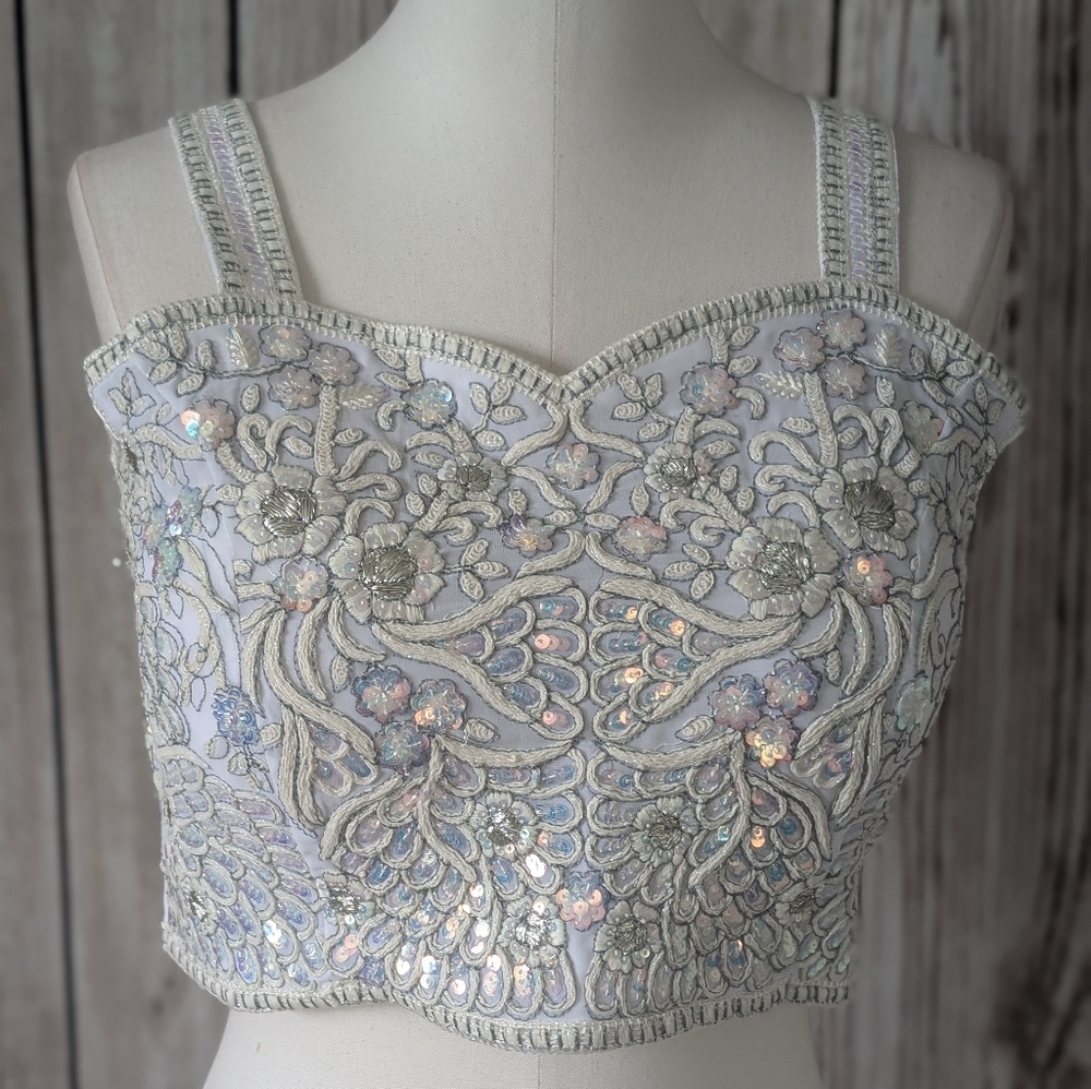 NWOT Readymade Embroidered Crop Top White Irrisident Blouse for lehenga | Saree